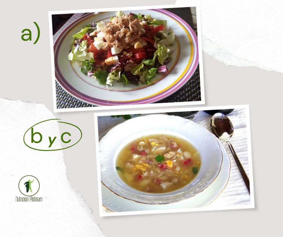 Ensalada de pimientos asados atún y huevo con sopa de picadillo